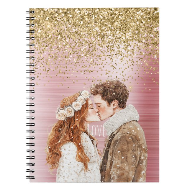 Caderno Espiral Gold Glitter Red Head Female Brown Hair Male  (Frente)