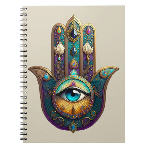 Caderno Espiral Gold Violeta Verde Água Hamsa c/ Terceiro Olho Tur