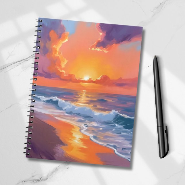 Caderno Espiral Golden Hour Orange Sunset Beach Ocean Painting (Criador carregado)