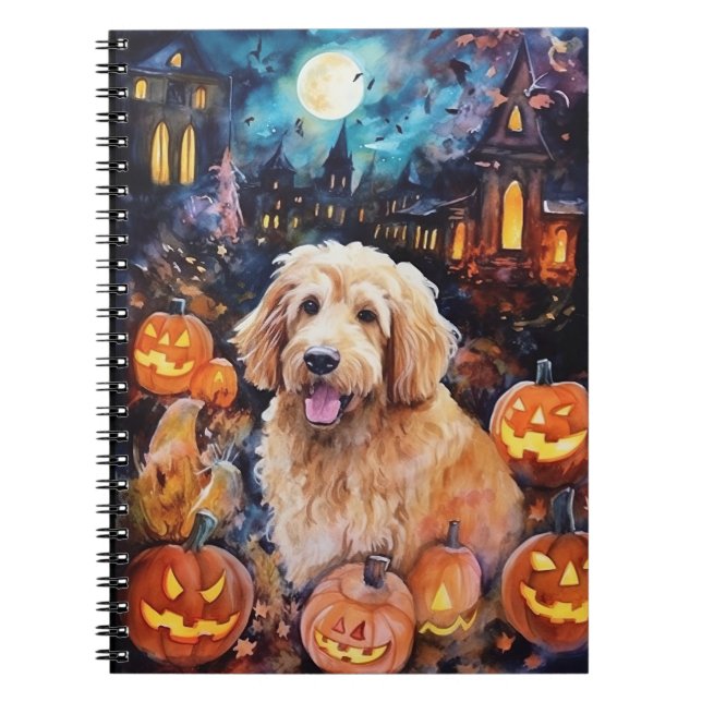 Caderno Espiral Goldendoodle do Halloween Com Pumpkins Assustado (Frente)