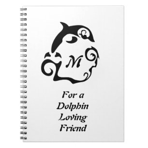 Caderno Espiral Golfinho de silhueta em um monograma de ondas do m