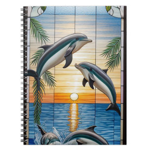 Caderno Espiral Golfinhos Saltando ao Pôr do Sol no Oceano