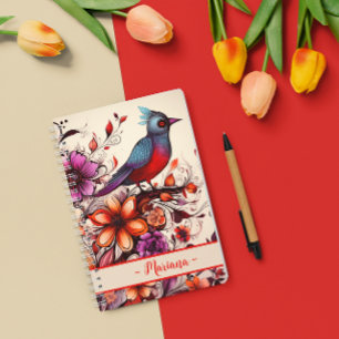 Caderno Espiral Gorgeous Red bird e floral — Nome personalizado Su