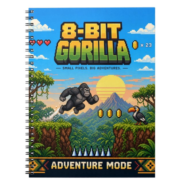 Caderno Espiral Gorila, Arte Pixel Retro de 8 Bits (Frente)