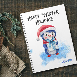 Caderno Espiral Gorro de Papai Noel Fofo Pinguim Azul & Presente P