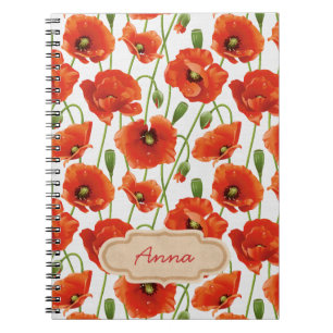 Caderno Espiral gotas da água em papoilas bonitos