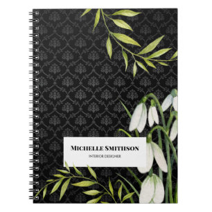 Caderno Espiral Gotas de neve brancas e Laurel Damask
