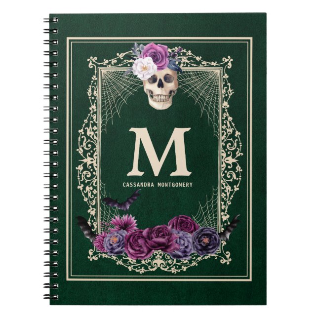 Caderno Espiral Gótica Floral Crânio Personalizado Monograma e Nom (Frente)