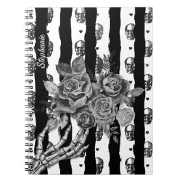 Caderno Espiral Gótico Monocromático Listrado Caveiras e Rosas