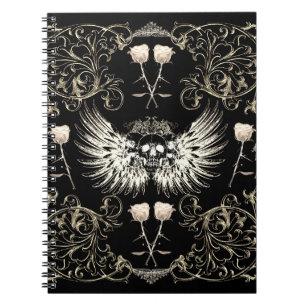 Caderno Espiral Gótico Vitoriano Romance Crânio Asas e Rosas Branc