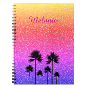 Caderno Espiral Gradiente do Pôr do Sol Personalizado com Palmeira
