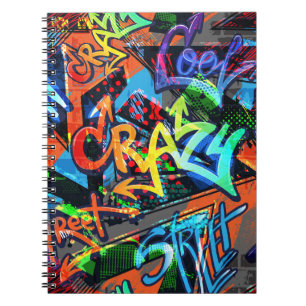 Caderno Espiral Grafite brilhante, design gráfico urbano.