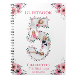 Caderno Espiral Grande 5 Birthday Girl Foto Pink Flower Guest Book