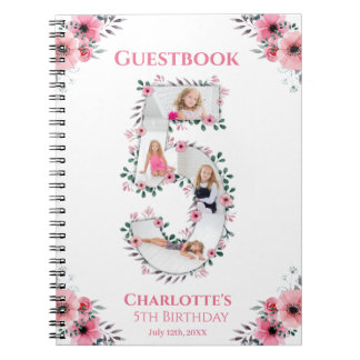 Caderno Espiral Grande 5 Birthday Girl Foto Pink Flower Guest Book