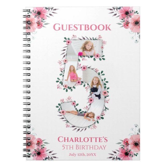 Caderno Espiral Grande 5 Birthday Girl Foto Pink Flower Guest Book (Frente)