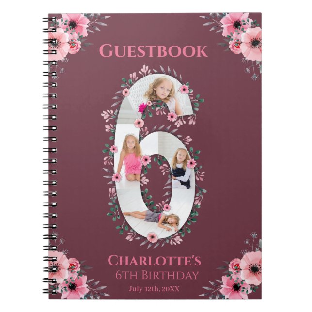 Caderno Espiral Grande 6 Birthday Girl Foto Pink Flower Guest Book (Frente)