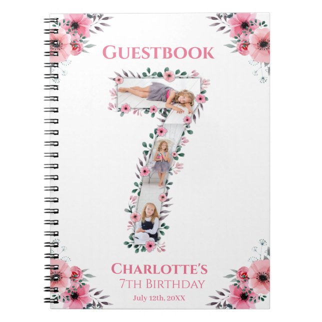 Caderno Espiral Grande 7 Birthday Girl Foto Pink Flower Guest Book (Frente)