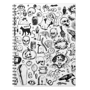 Caderno Espiral Grande coleção de rabiscos de halloween. Vinta d