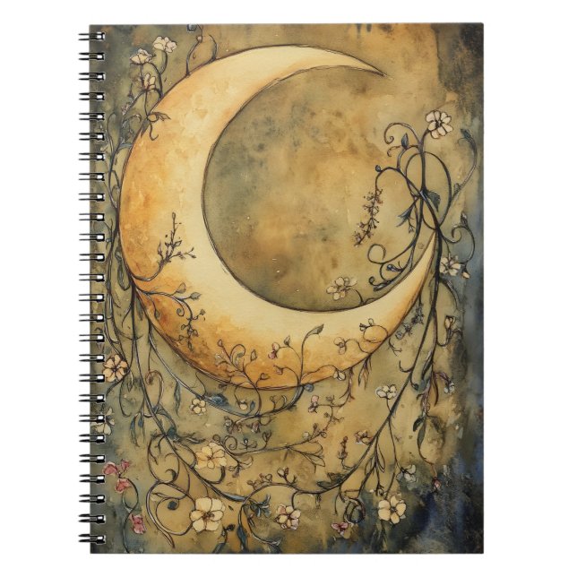 Caderno Espiral grande lua crescente rodeada por floral delicada  (Frente)