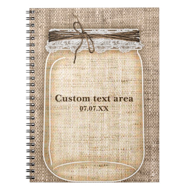 Caderno Espiral Grande Mason Jar com Burlap & Lace Rustic (Frente)