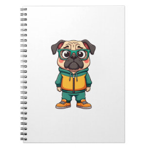 Caderno Espiral Grático de Moda Retrô de Cachorro Pug Cartoon
