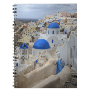Caderno Espiral Grécia, Santorini. Torre sineira e cúpulas azuis d