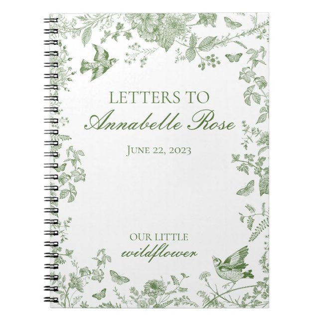 Caderno Espiral Green Toile Jouy Floral Letters to Birthday Girl (Frente)