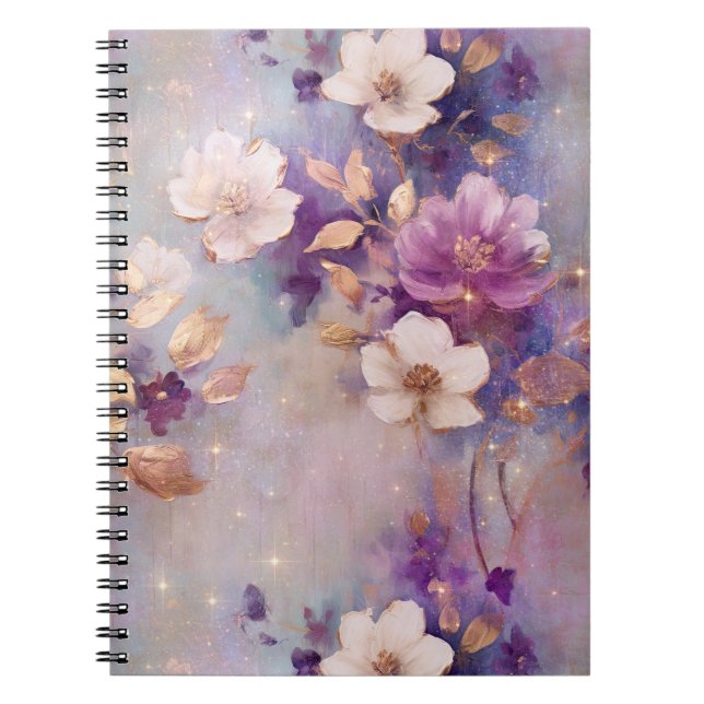 Caderno Espiral Grelha Branca Dourada Purple Floral Feminina (Frente)