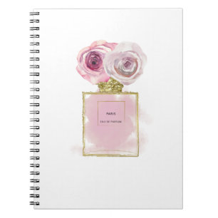 Caderno Espiral Grelha Floral Frasco de Perfume Rosas Rosa Dourada