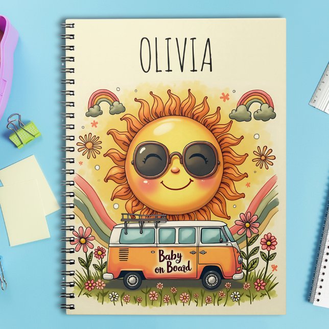 Caderno Espiral Groovy 70s Retro Sol Sorridente Vibes de Paz & Amo (Criador carregado)