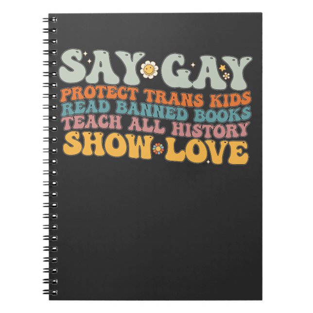Caderno Espiral Groovy LGBT Diga Gay Proteja Crianças Trans Leia L (Frente)