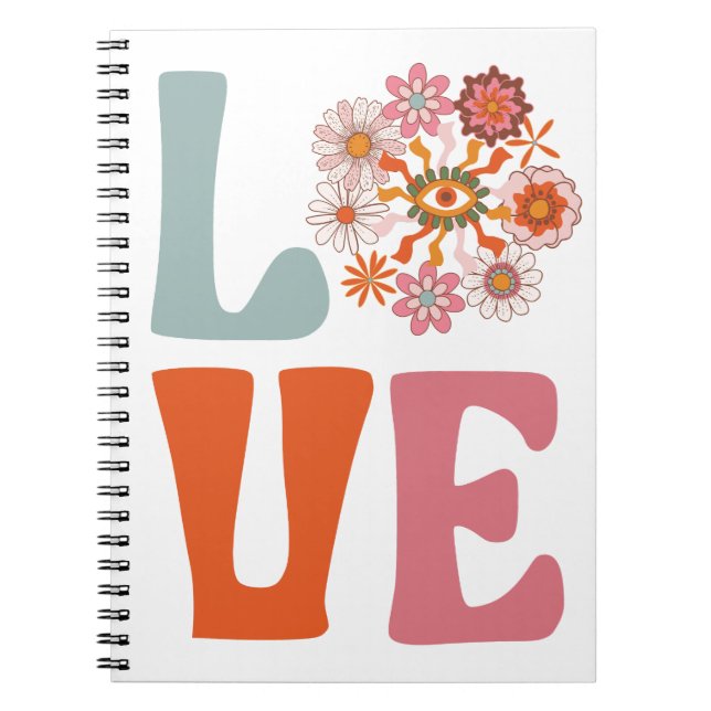 Caderno Espiral Groovy Retro Floral Cosmic Daisy LOVE (Frente)