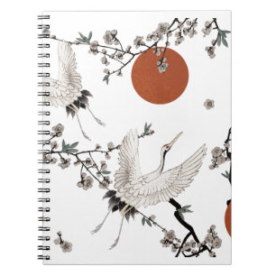 Caderno Espiral Grua tradicional japonesa com flor de ameixa