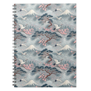 Caderno Espiral Gruas Japonesas & Flor de Cerejeira Padrão Mt Fuji