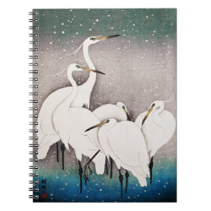 Caderno Espiral Grupo de Egrets, Ohara Koson, Arte Japonesa Vintag