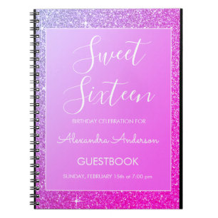 Caderno Espiral Guestbook cor-de-rosa e roxo do doce 16 do brilho