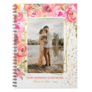 Caderno Espiral Guestbook de Amor com Casamento de Flor Rosa Gordo