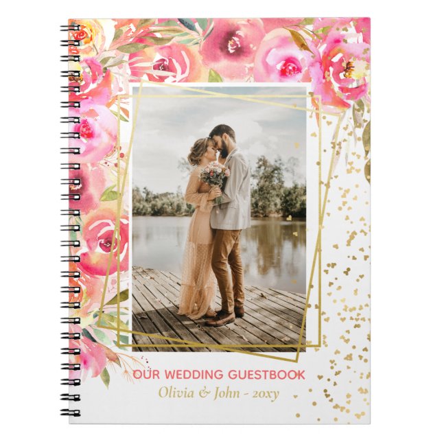 Caderno Espiral Guestbook de Amor com Casamento de Flor Rosa Gordo (Frente)
