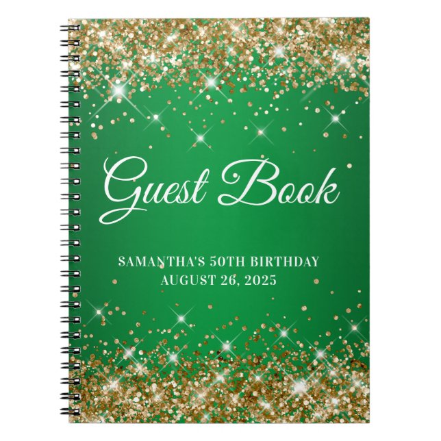 Caderno Espiral Guestbook de aniversário do Dourado Glitter Green  (Frente)