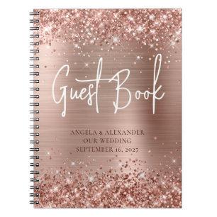Caderno Espiral Guestbook de Casamento com Glam Dourado com Rosa d