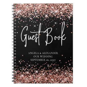 Caderno Espiral Guestbook de Casamento com Glitter Negro, rosa Dou