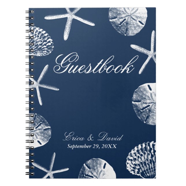 Caderno Espiral Guestbook de Casamento | Marinho Blue Beach Theme  (Frente)