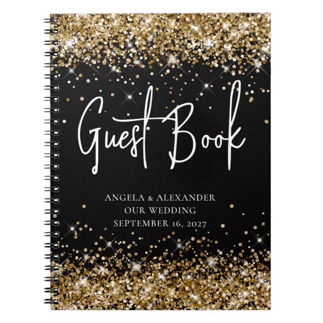 Caderno Espiral Guestbook Dourado Glitter Black Glam Weding (Frente)