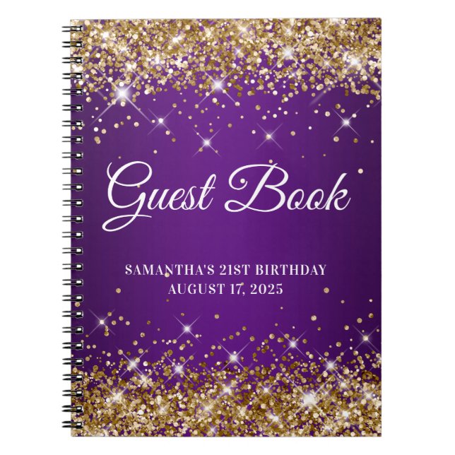 Caderno Espiral Guestbook Dourado Glitter Royal Purple aniversário (Frente)