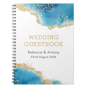 Caderno Espiral Guestbook Elegante Dourado de Abstrato Oceano Azul