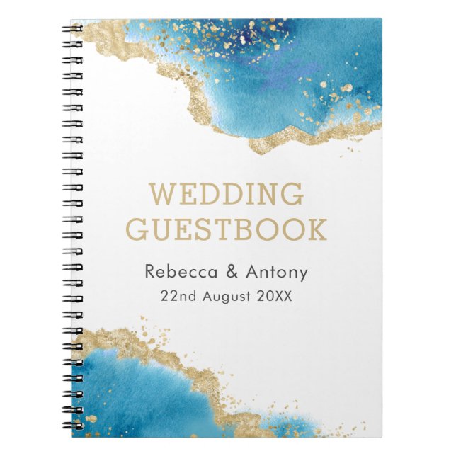 Caderno Espiral Guestbook Elegante Dourado de Casamento do Oceano  (Frente)