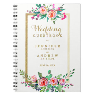 Caderno Espiral Guestbook floral cor-de-rosa Dourado chique