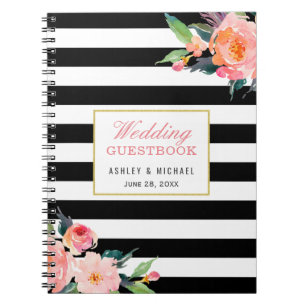 Caderno Espiral Guestbook floral do casamento da listra branca