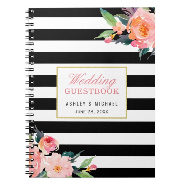 Caderno Espiral Guestbook floral do casamento da listra branca (Frente)