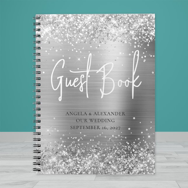 Caderno Espiral Guestbook Glittery Silver Glam Weding (Criador carregado)